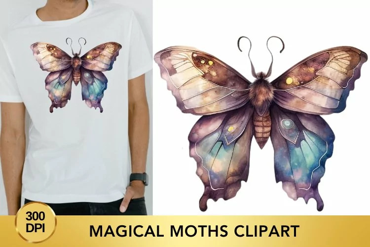 Magical Moths Watercolor Clipart, Moths Fantasy Png