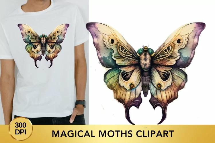Magical Moths Watercolor Clipart, Moths Fantasy Png
