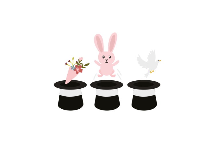 Magician Elements: Hats, Rabbit, Bird And Flowers