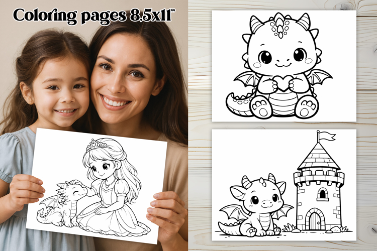 Cute dragon and Princess coloring page | Magic coloring book