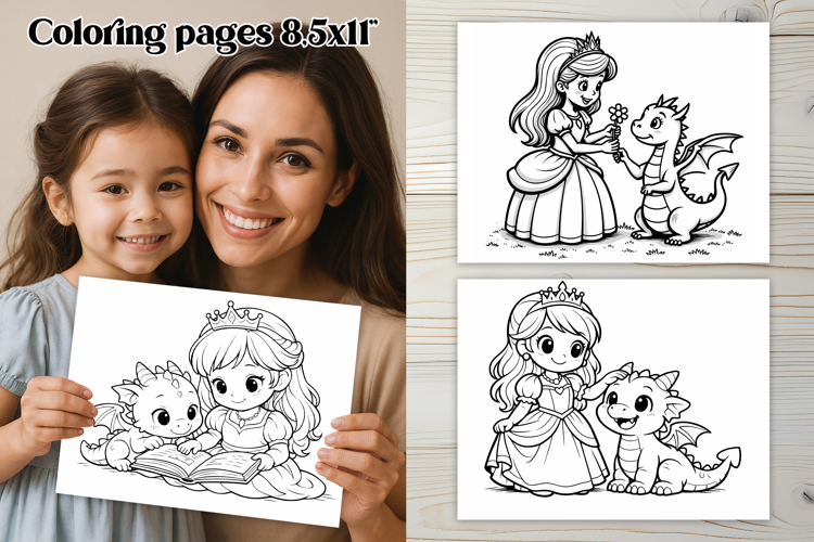 Cute dragon and Princess coloring page | Magic coloring book