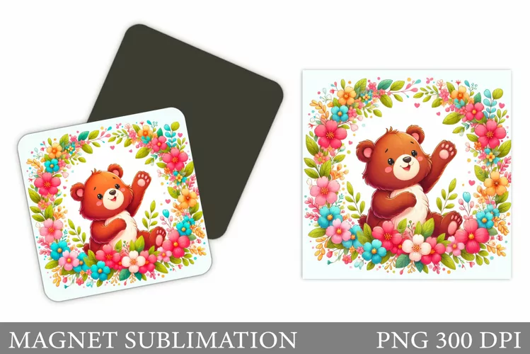 Cute Bear Magnet Design. Bear Flowers Magnet Sublimation