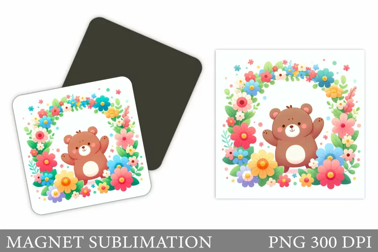 Cute Bear Magnet Design. Bear Flowers Magnet Sublimation