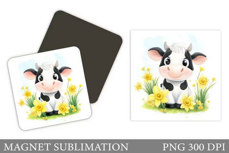 Spring Cow Magnet Design. Cute Cow Magnet Sublimation