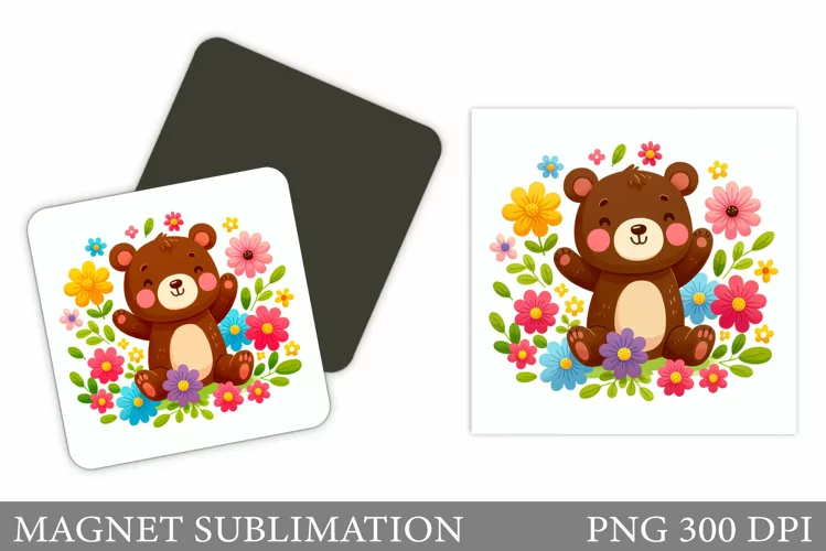 Bear Flowers Magnet Sublimation. Cute Bear Magnet Design