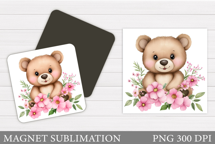 Bear Flowers Magnet Sublimation. Cute Bear Magnet Design