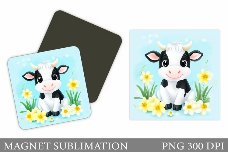 Spring Cow Magnet Design. Cute Cow Magnet Sublimation
