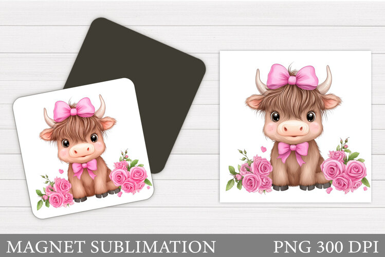 Highland Cow Magnet Design. Cow Flowers Magnet Sublimation example image 1