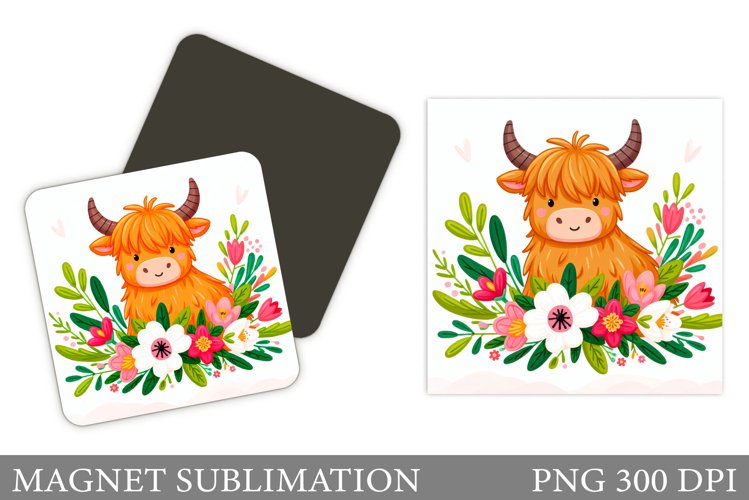 Highland Cow Magnet Design. Cow Flowers Magnet Sublimation example image 1