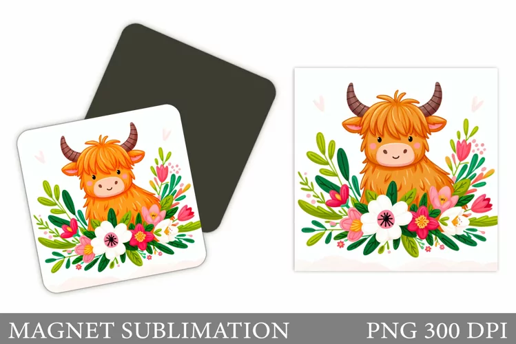 Highland Cow Magnet Design. Cow Flowers Magnet Sublimation