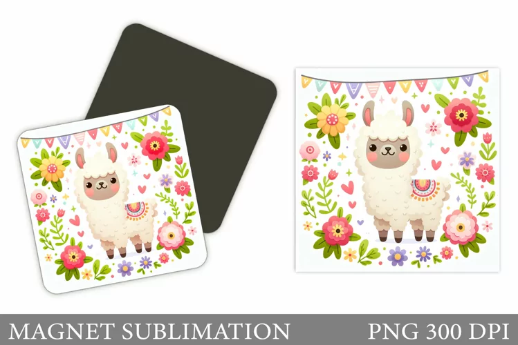 Cute Lama Magnet Design. Lama Flowers Magnet Sublimation