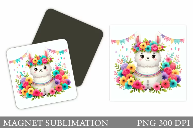 Cute Lama Magnet Design. Lama Flowers Magnet Sublimation