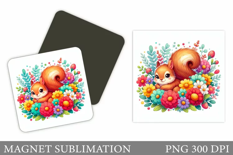 Cute Squirrel Magnet Design. Flowers Magnet Sublimation