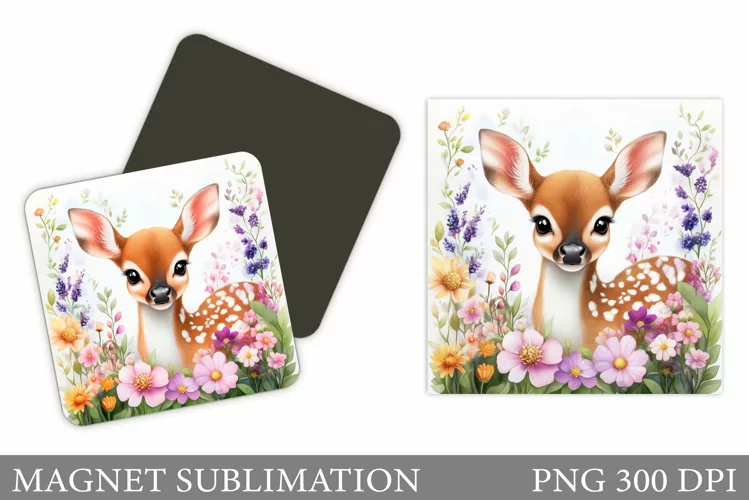 Cute Deer Magnet Design. Deer Flowers Magnet Sublimation