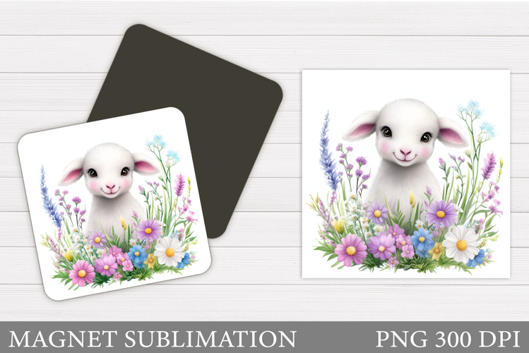 Cute Lamb Magnet Sublimation. Lamb Flowers Magnet Design