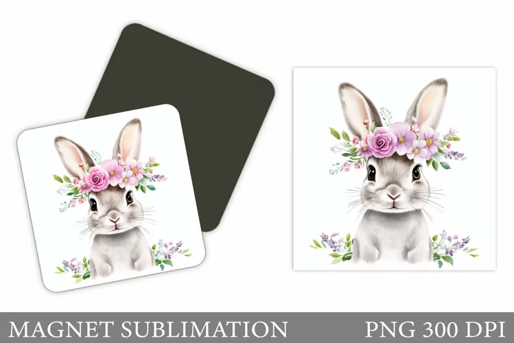 Cute Bunny Magnet Design. Bunny Flowers Magnet Sublimation