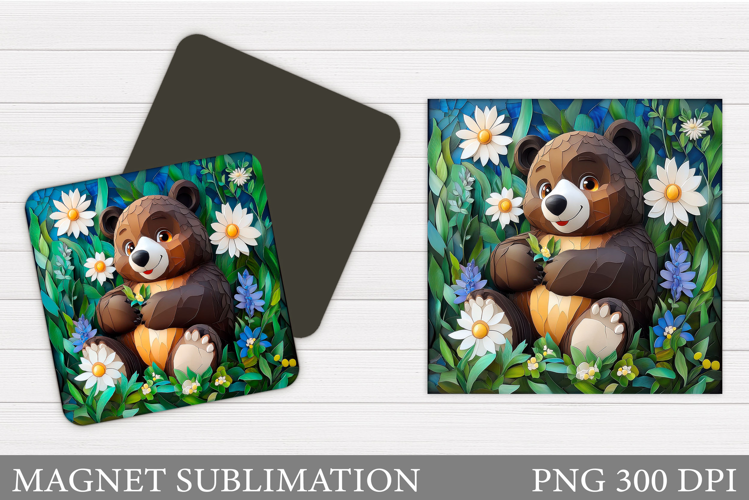 Bear Flowers Magnet Sublimation. Cute Bear Magnet Design