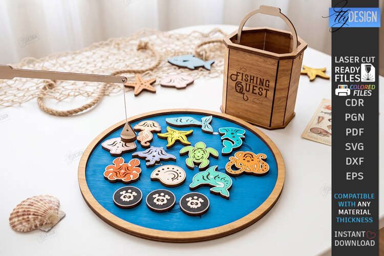Wooden Magnetic Fishing Game Laser Cut | Montessori Toys SVG example image 1