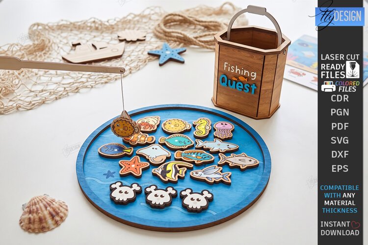 Wooden Magnetic Fishing Game Laser Cut | Montessori Toys SVG example image 1