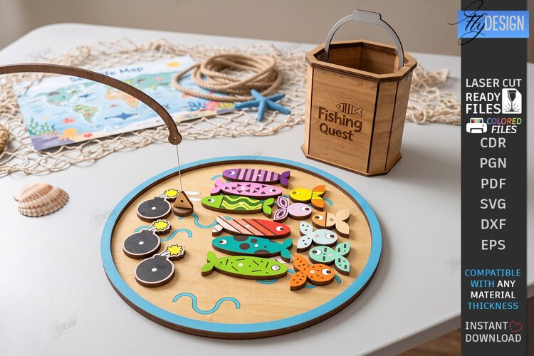 Wooden Magnetic Fishing Game Laser Cut | Montessori Toys SVG example image 1