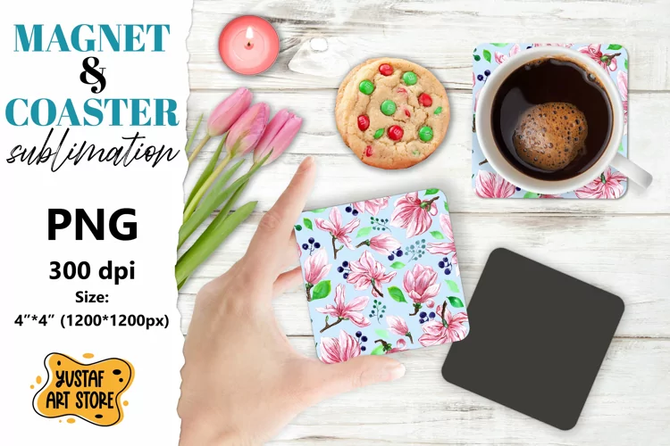Flowers magnet/Flowers coaster. Magnolia flowers sublimation
