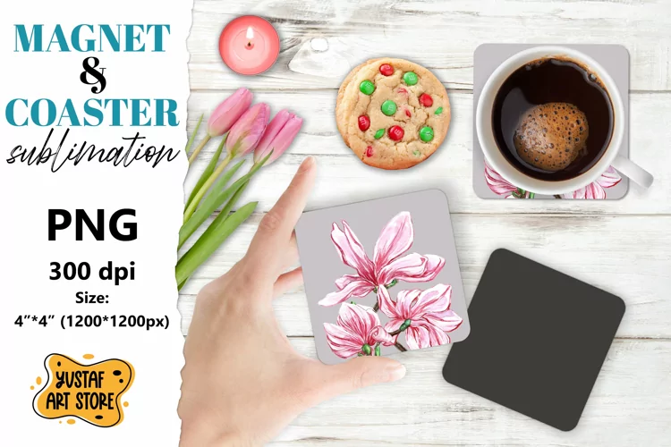 Flowers magnet/Flowers coaster. Magnolia flowers sublimation