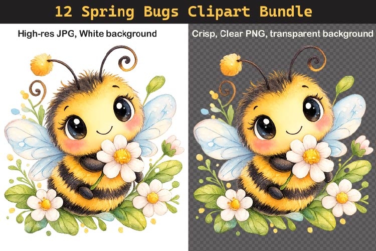 12 Spring Bugs Clipart Bundle, Watercolor Insects PNG