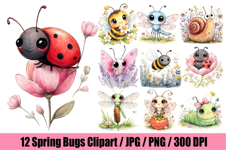 12 Spring Bugs Clipart Bundle, Watercolor Insects PNG
