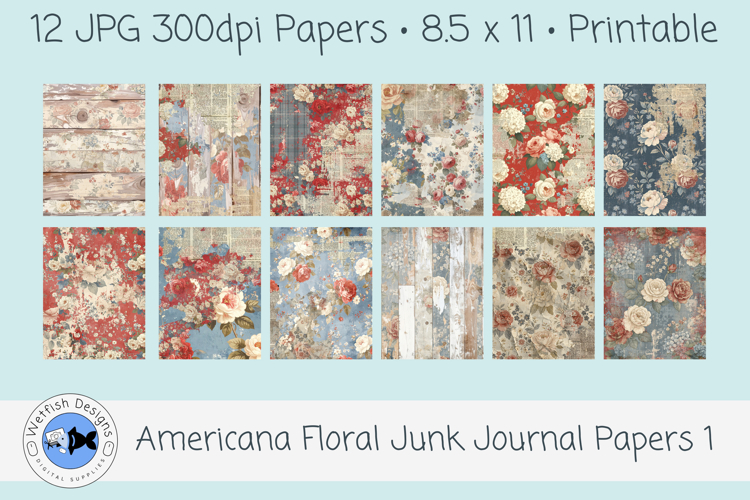 Americana Floral Junk Journal Papers 1 Set of 12