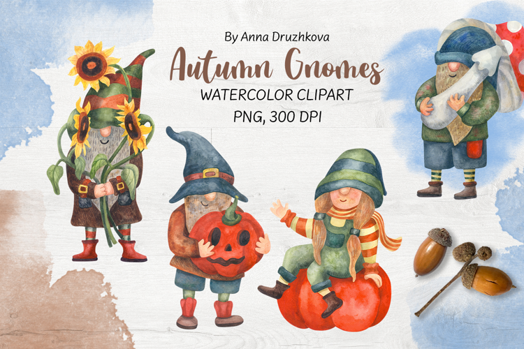 Autumn Gnomes Watercolor Clipart PNG
