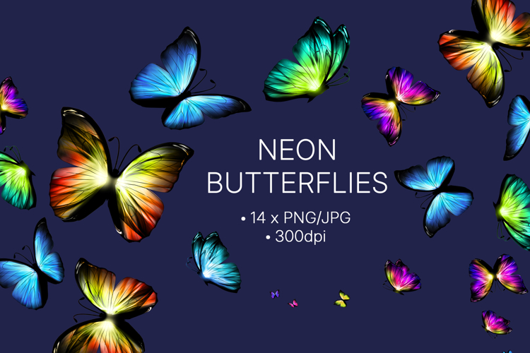 3D Neon Butterflies - 14 Sublimation Clipart & Patterns