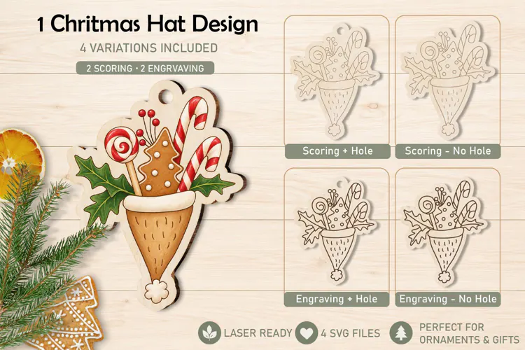 Christmas Hat Ornament Laser Cut Scoring and Engraving