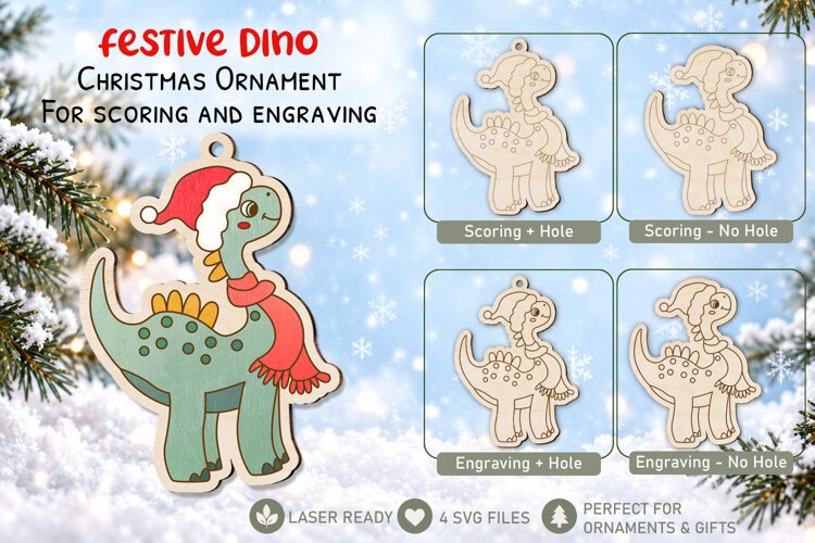 Festive Dino Christmas Ornament Laser Scoring Engraving example image 1