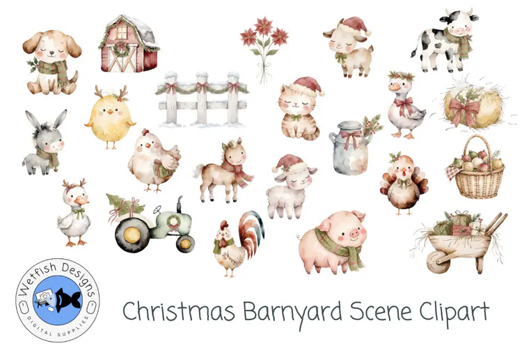 Watercolor Christmas Barnyard Clipart