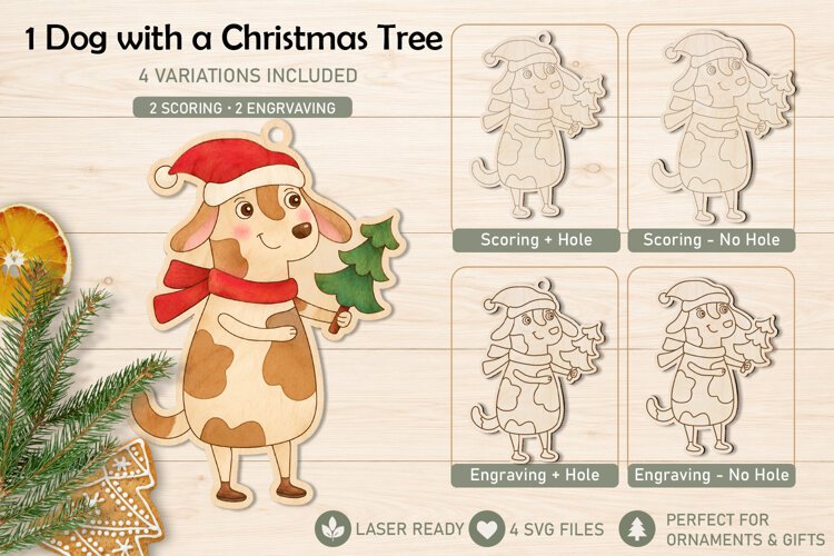 Christmas Dog with a Tree Ornament Laser Engraving Scoring example image 1