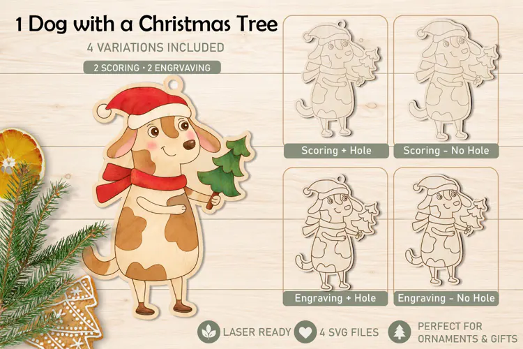 Christmas Dog with a Tree Ornament Laser Engraving Scoring