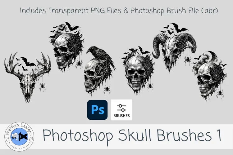 Photoshop Skull Brushes 1 | Gothic Halloween PNG & ABR Brush