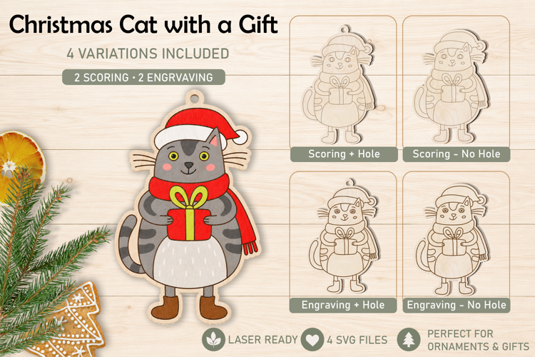 Christmas Cat with a Gift Ornament Laser Scoring Engraving