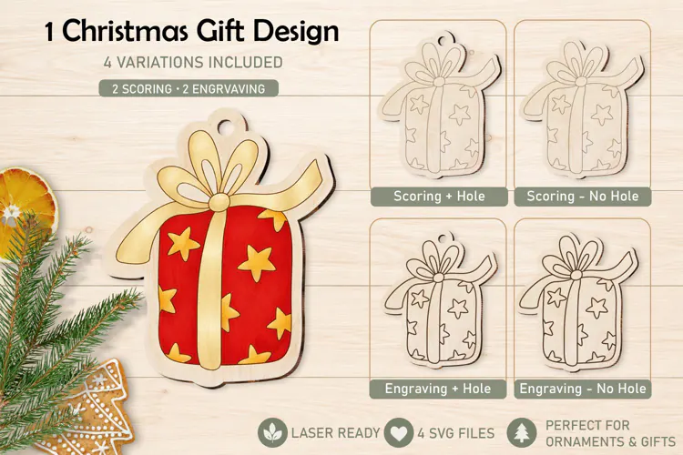Christmas Gift Box Ornament Laser Cut Scoring and Engraving