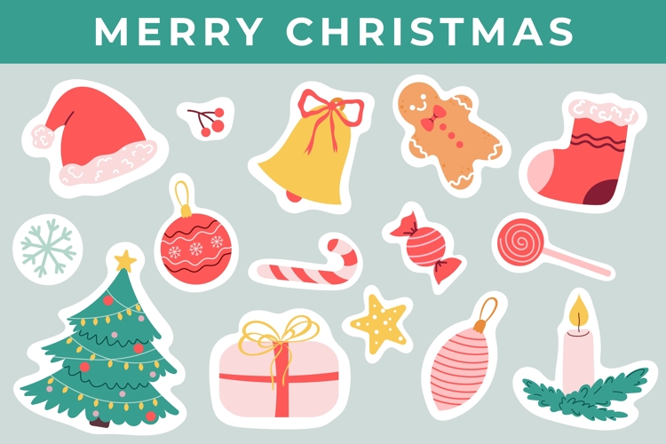Cute Christmas Stickers Set PNG. Printable Stickers