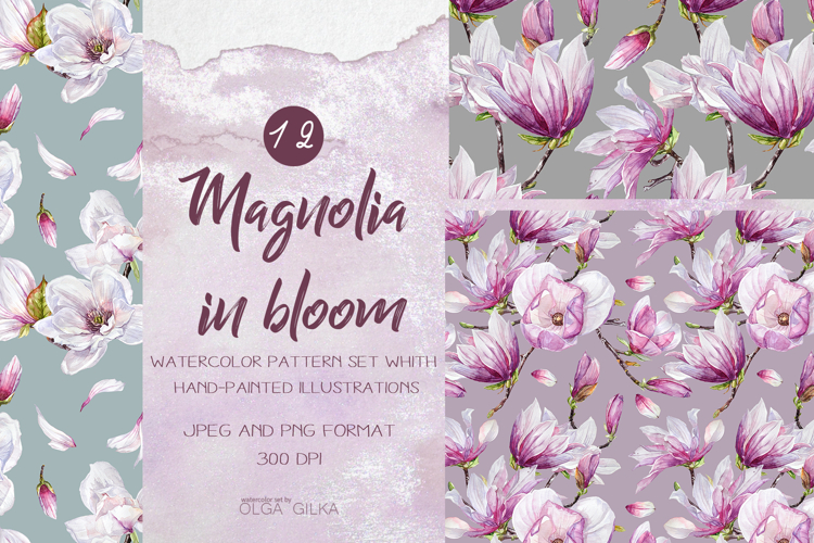 Magnolia in bloom watercolor clipart set