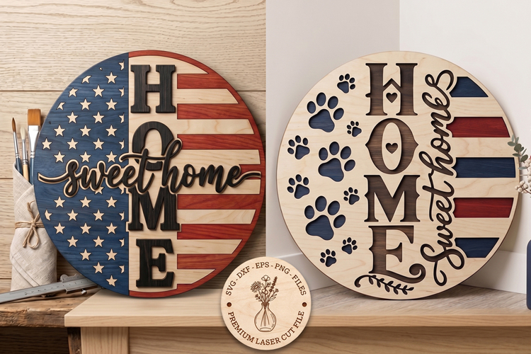 Patriotic Home Sweet Home SVG | American Flag Round Sign SVG