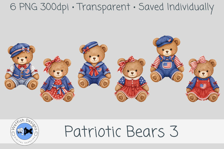 Patriotic Bears Clipart Set 3, 6 PNG Teddy Bears