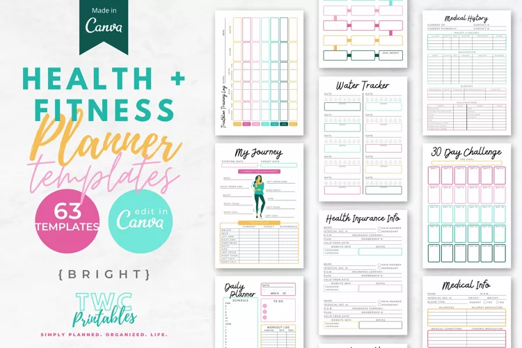 Health & Fitness Planner Canva Templates | 63 Editable Pages