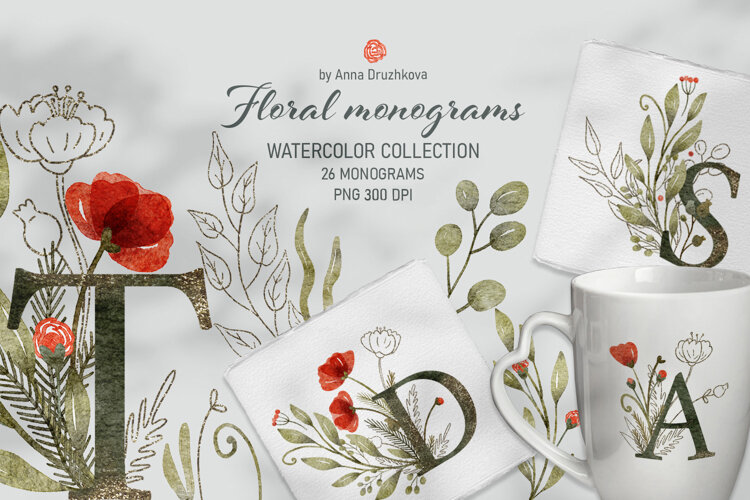 Floral Vintage Monograms Watercolor Alphabet PNG example image 1