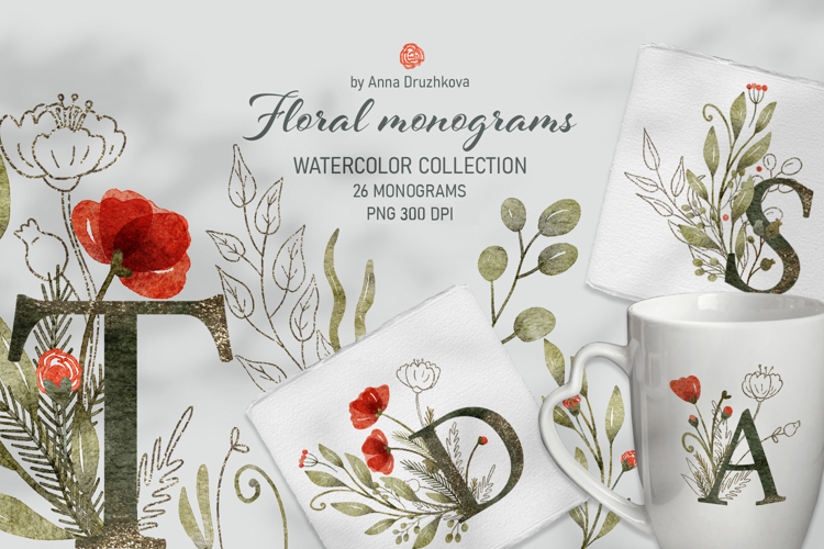 Floral Vintage Monograms Watercolor Alphabet PNG