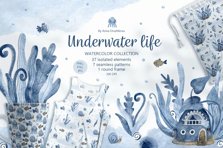Underwater life watercolor collection