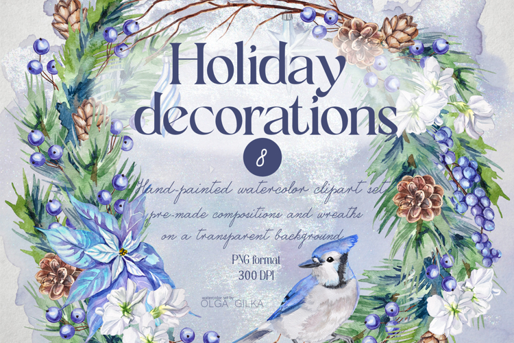 Holiday decorations watercolor clipart set