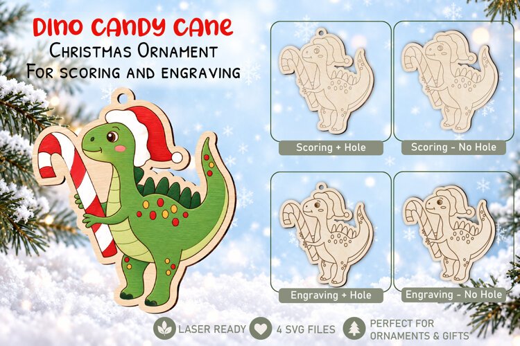 Christmas Dino Candy Cane Ornament Laser Coloring Glowforge example image 1