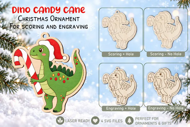 Christmas Dino Candy Cane Ornament Laser Coloring Glowforge